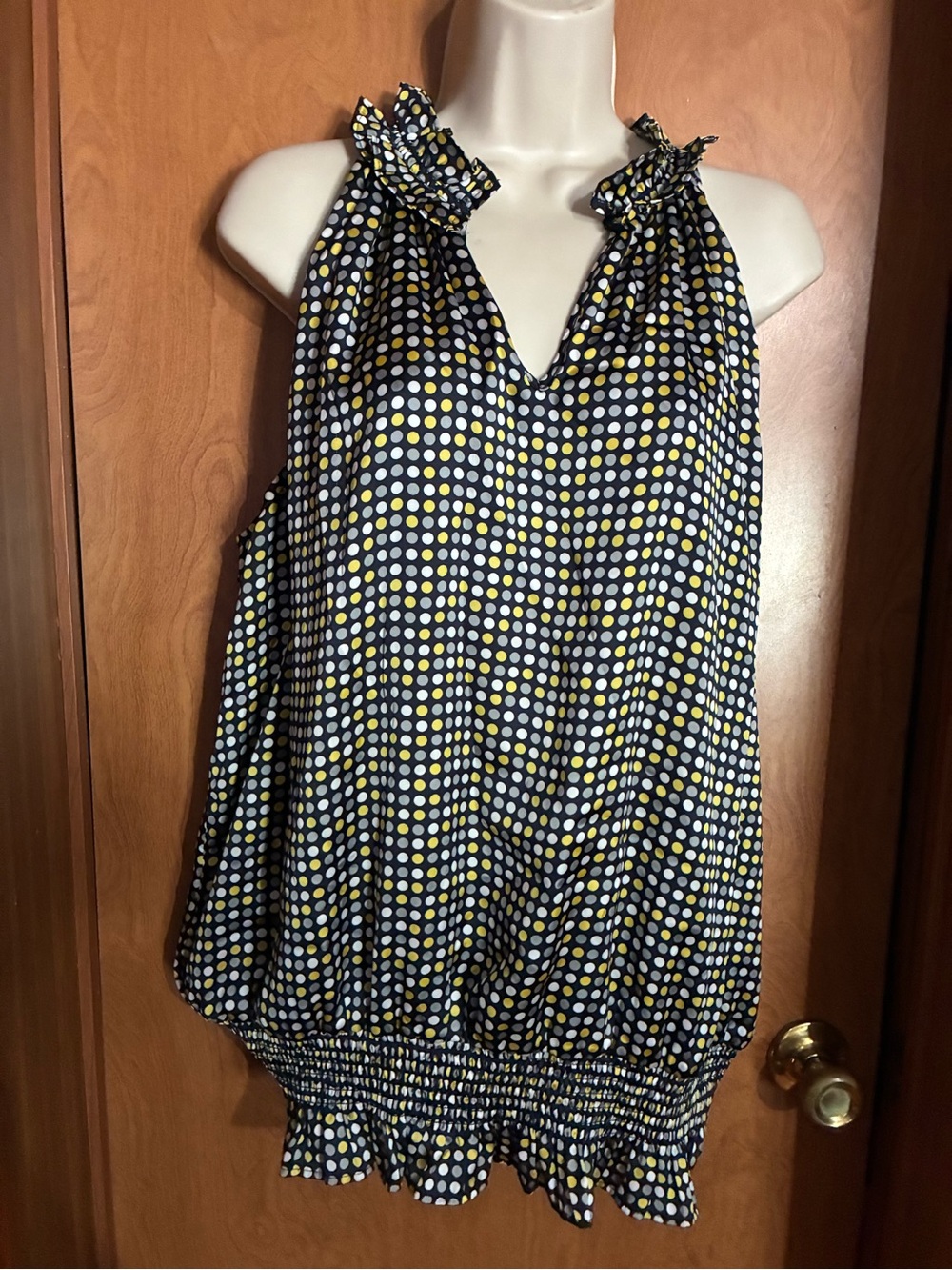 Polka Dot Halter Blouse - Navy with Yellow & White Dots